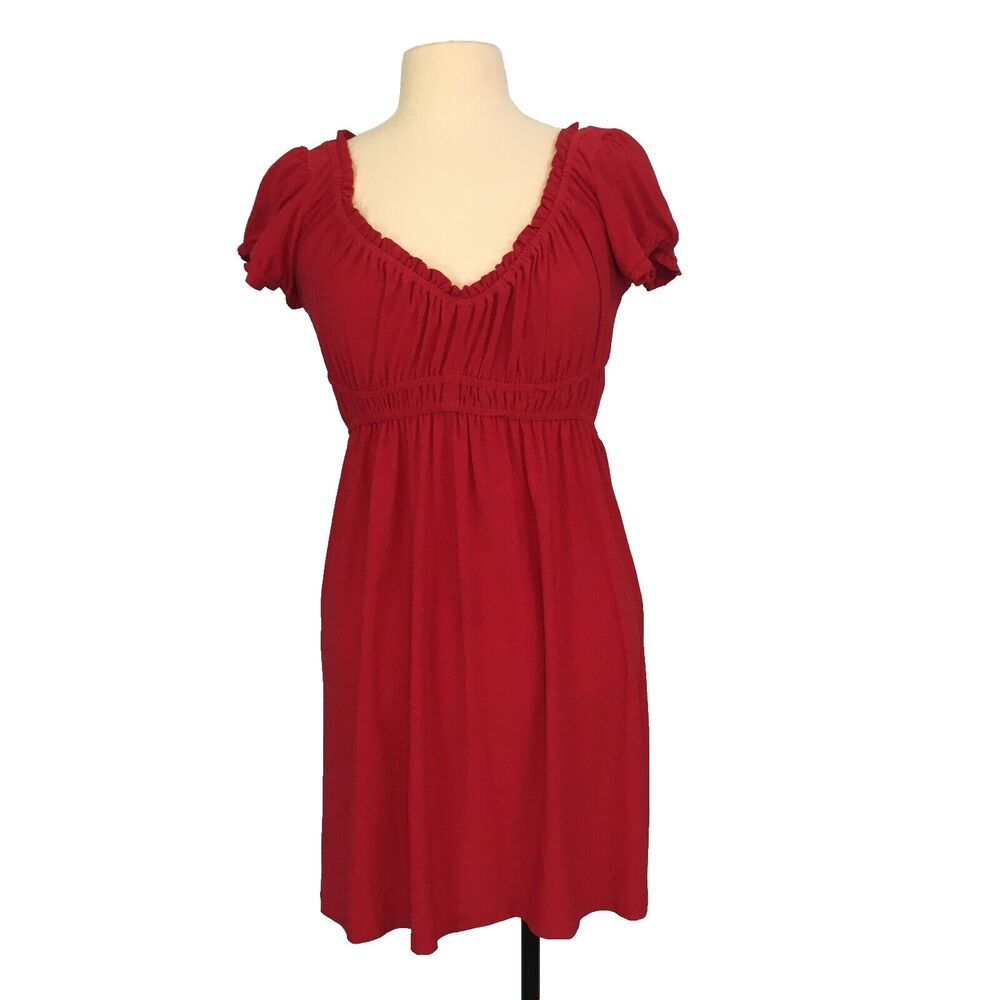 Wrapper Womens Pull On Red Peasant Style Dress sz M, Cap‎ Sleeves, Elastic Necl